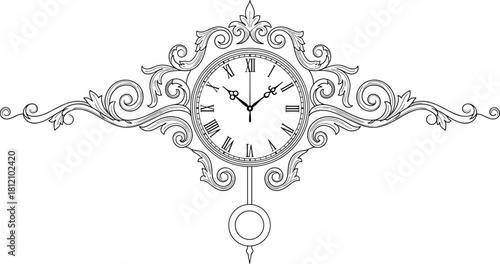 Ornate wall clock with Roman numerals, pendulum, and floral scrollwork, vector illustration for antique decor and editorial time content