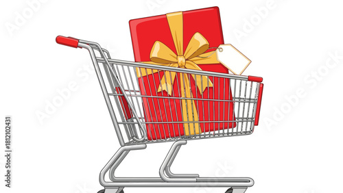 Shopping cart with a red gift box and a tag