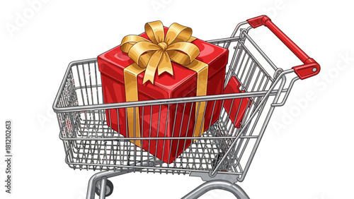 Shopping cart with a red gift box and gold bow