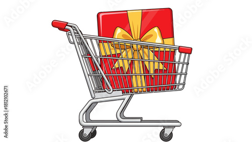 Shopping cart with a red gift box and yellow ribbon