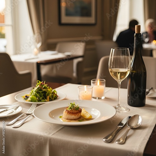 Gourmet Seared Scallop Dish on Elegant White Porcelain, Paired with White Wine and Fresh Salad in a Luxury Fine Dining Restaurant Setting.