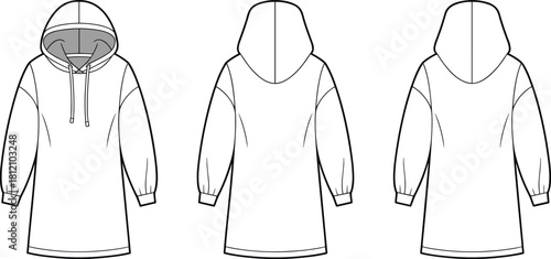 Oversized technical fashion illustration of a long hooded sweatshirt dress with raglan sleeves and drawstring hood, front and back views, blank template for apparel design, vector.