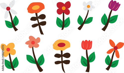 Cute Hand Drawn Flower with Branch and Leaf Set