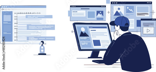 Man working on computer focused on the screen coding and programming.