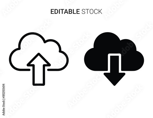 Cloud upload and download icon set for data transfer, storage, network, digital communication