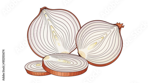 Sliced red onion with two halves and three rings