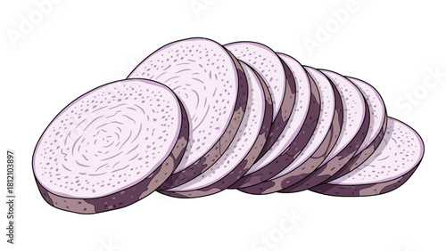 Sliced taro root showing inner rings and speckled texture