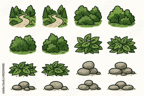 Path bush minimal greenery icon stones peaceful forest leaf vector pencil pile