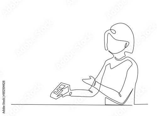 Continuous line art drawing of cashier holding EDC electronic payment device post terminal. Editable stroke.