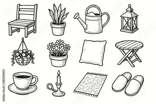 Teacup icon flower watering garden rug basket outdoor icons vector porch can