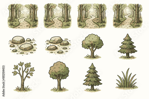 Ink icon morning trees sunlight trail stones grass path icons forest vector