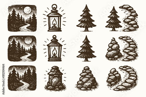 Vector path icons icon set forest evening rock pine lantern sketch