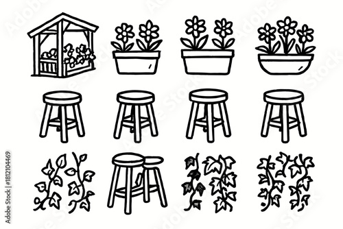 Garden porch vector planter icon ivy icons handdrawn stool vine drawing sketch