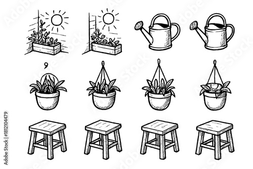Icons corner planter can hanging sunny porch watering vector stool garden icon