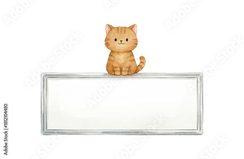 Brown cat and whiteboard in watercolor style.