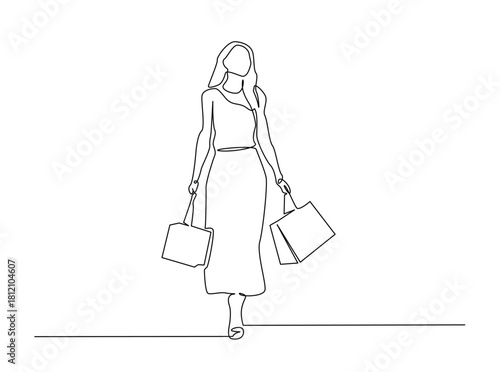 Continuous line art drawing of trendy woman carrying shopping bags. Editable stroke.