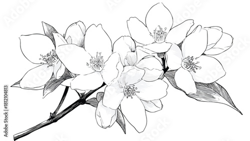 Elegant Jasmine Flowers Vector Design with White Outline on Isolated Background