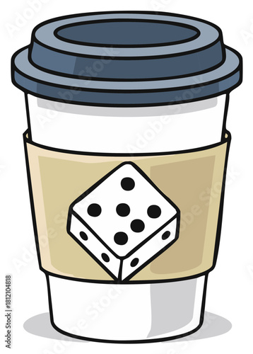 Coffee cup with Dice Design sleeve, takeaway beverage in paper container, vector illustration.
