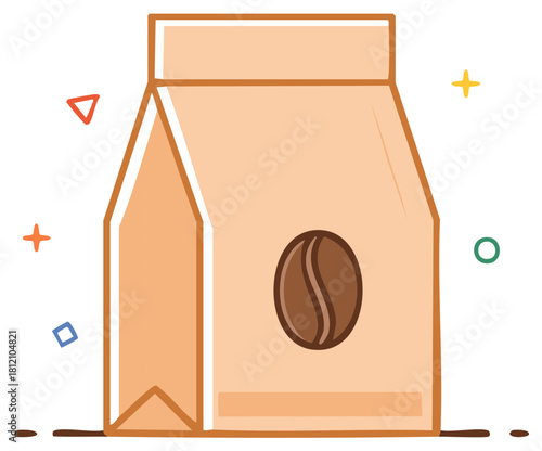 Stylized coffee beans in paper bag with colorful shapes, digital illustration