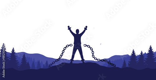 Person breaking chains on hilltop, freedom and empowerment silhouette, mountain landscape at sunrise, pine forest scene, vector design, liberation concept
