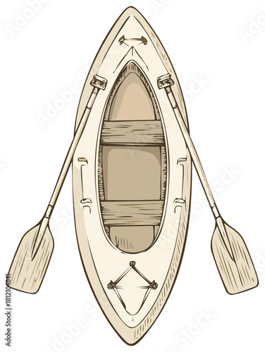 Vintage wooden rowboat illustration, top view, with oars, summer boating