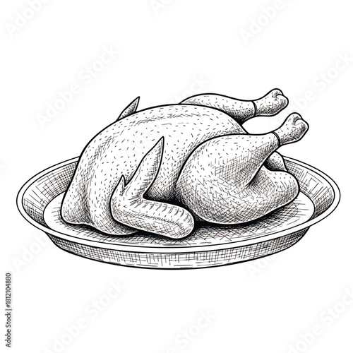 Hand Drawn Whole Raw Chicken on Plate.