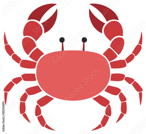 Stylized Flat Vector Illustration of a Red Crab with Large Claws and Prominent Eyes