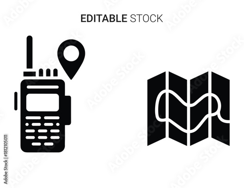 Walkie talkie and folded map icons symbolizing navigation, communication, and adventure journey