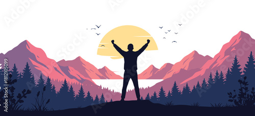 Person celebrating on hilltop, silhouette achievement scene, mountain lake sunset, pine forest landscape, freedom concept, vector design, birds in sky