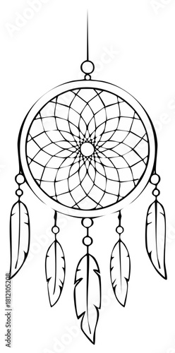 Dreamcatcher illustration with feathers, cultural decorative design