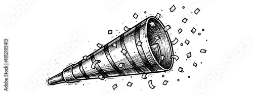 Hand-drawn black and white illustration of a party horn blowing confetti — stock illustration.