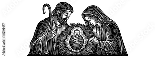 Joseph, Mary, and baby Jesus in a manger is presented in a detailed linocut style — stock illustration.