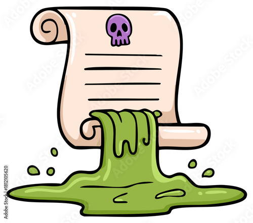 Cursed magic spell scroll with a purple skull pouring out toxic green slime