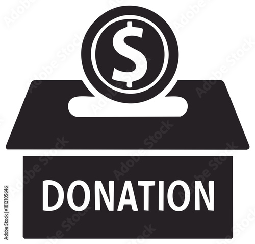 Simple donation box with dollar coin and word donation in black and white graphic