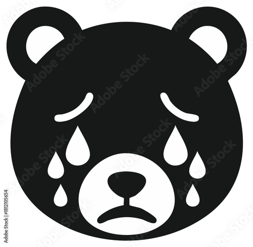 Sad cartoon bear with tears streaming down its face, black and white illustration.