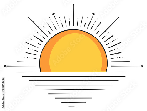 Drawn Sunrise or Sunset Over Water with Light Rays Emanating Upward and Horizontal Lines
