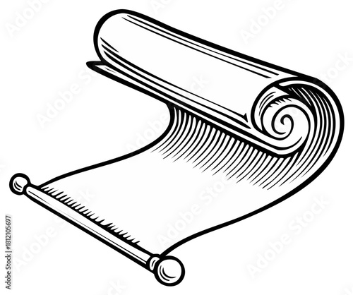 Detailed black and white illustration of an antique paper scroll unraveling