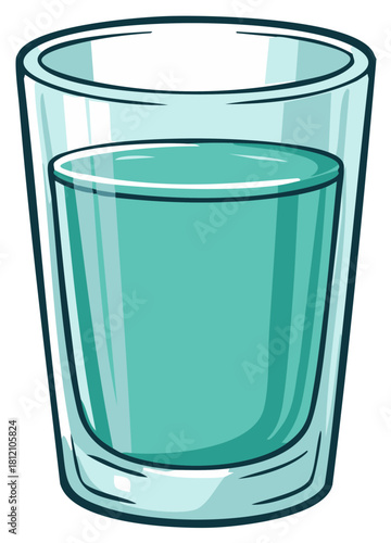 Simple cartoon illustration of a shot glass with turquoise blue liquid