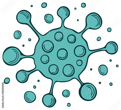 Turquoise Virus Illustration with Bubbles and Spikes