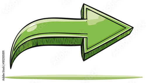 Glossy green arrow pointing right with a curved tail in a vibrant hand drawn style