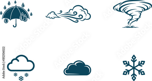 Weather condition icons representing rain wind tornado cloud snow weather forecast and meteorological elements useful for depicting diverse climate conditions and environmental changes