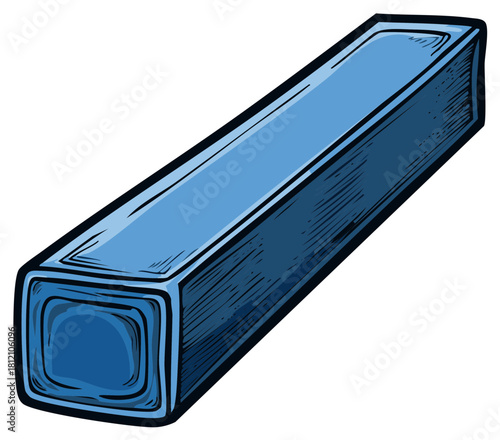 Blue hollow square metal tube isolated on white background in a sketch style