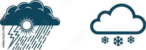 Weather Forecast Icons Featuring Rain with Sunshine Lightning and Snowfall Under Cloudy Sky for Meteorological Reports and Website Design Presenting Atmospheric Conditions