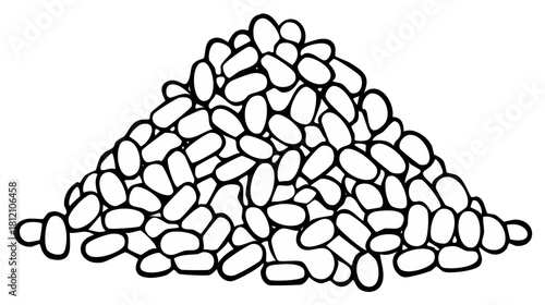 Pile of white beans, black outline, food illustration, isolated on white