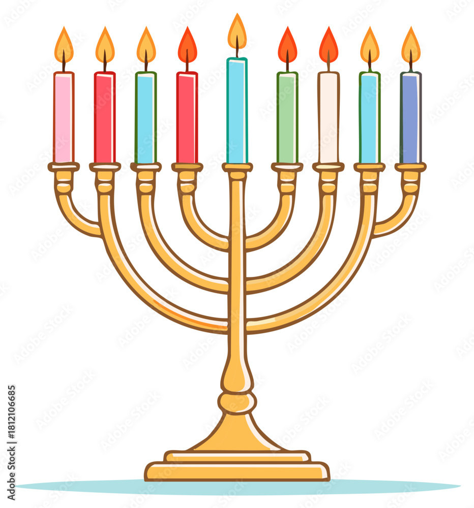 Fototapeta premium Illustrated Hanukkah menorah with lit candles celebrating a Jewish holiday