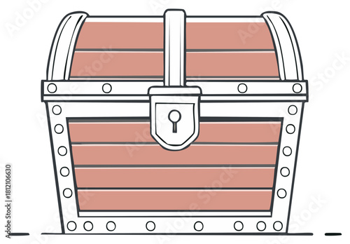Simple cartoon illustration of a closed and locked antique wooden pirate treasure chest with a keyhole