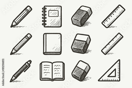 Drawing minimal icon ruler essentials vector icons sketch creative eraser tools notebook