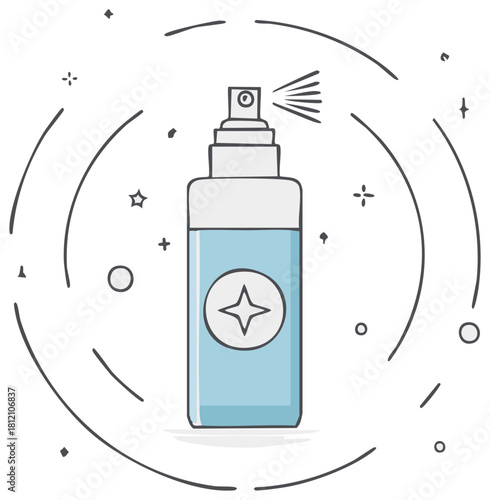 Clean spray bottle with shining star icon dispensing liquid for disinfection and hygiene