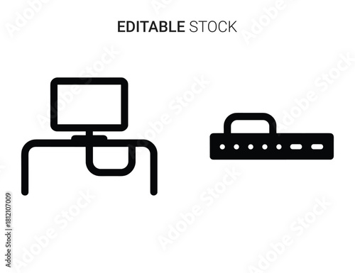 Modern office technology and essential business tools set of line and glyph icons