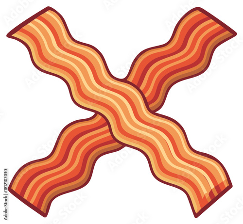 Two strips of crispy bacon crossing each other isolated on white background